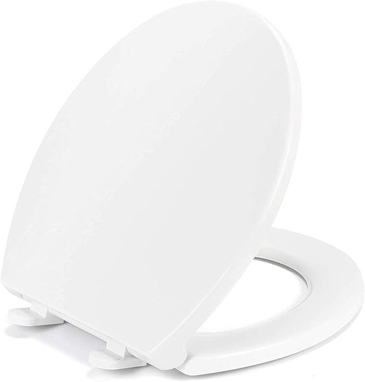 Round Toilet Seat Slow Quiet Close Seat Cover Fit Standard Round Toilet White Toilet Seat with Metal Inserts Easy to Install, Non-slip Seat with Rubber Bumpers Provides Comfort Relieves Pressure Point