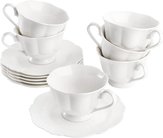 Jucoan Set of 6 Porcelain Tea Cups and Saucers, Bone China Tea Cup Set, 6 oz White Tea Cup Set, Coffee Cups, Espresso Cups, British Tea Cups Gift for Wedding Bridal Shower Birthday Party