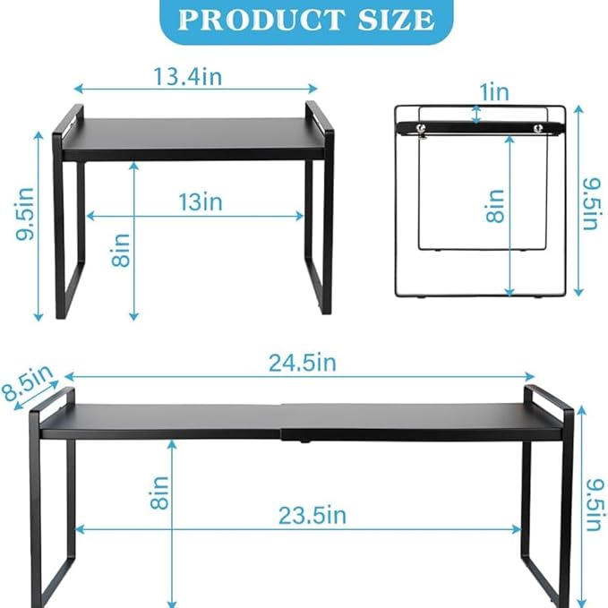 Expandable Cabinet Countertop Shelves, Kitchen Spice Rack Pantry Shelf, Adjustable Cupboard Organizer Storage Rack for Kitchen Bathroom Office (Black)