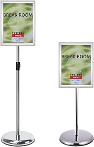 T-SIGN Adjustable Pedestal Poster Stand Aluminum Snap Open Frame for 8.5 x 11 Inch, Vertical and Horizontal View Sign Displayed, Silver, Round Base