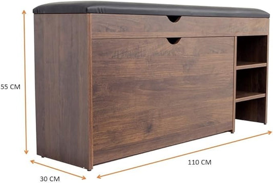 Homeiz 3-Tier Shoe Rack Bench: 110 CM Wide Shoe Storage Bench Features Roll Out Rack, Comfortable Black Faux Leather Seat, with Spacious Sock Compartment, Shoe Bench for The Entryway (NPSR87)