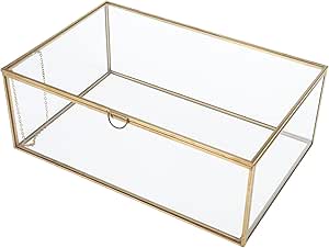 HighFree Vintage Glass Lidded Box - Keepsake Glass Box - Clear Jewelry Display Glass Box - Home Decor Decorative Box for Trinket Rings Bracelet (Gold, Large)