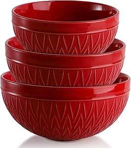 AVLA Porcelain Mixing Bowls for Kitchen, 2.8/1.8/1.2 Qt Ceramic Large Serving Salad Soup Bowl Set, Deep Nesting Bowl for Space Saving, 3-Piece Set, Microwave and Dishwasher Safe, Red