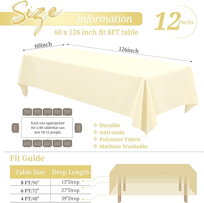 Showgeous 12 Pack Table Cloth Beige Tablecloth 60 x 126 Inch Table Clothes for 8 Foot Rectangle Tables, Wrinkle Resistant Washable Polyester Table Cover for Wedding Parties Banquet Dining