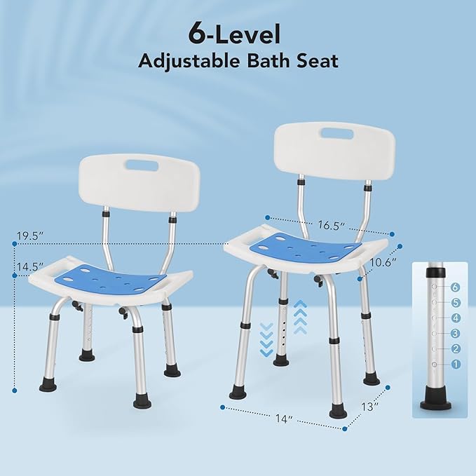 Careboda 6 Adjustable Height Shower Chair with Tool-Free Assembly, Aluminum Bathtub Chair with seat Cushion for Inside Shower, Anti Slip for Safety for Elderly, Disabled, Pregnant