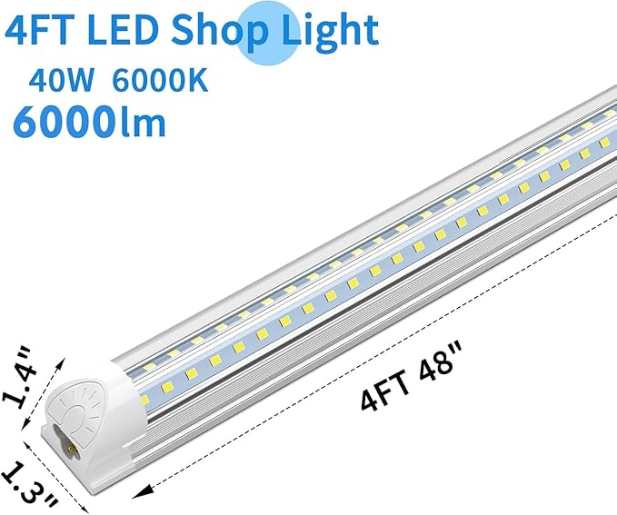 SHOPLED 4ft LED Shop Light, 40W 6000LM 6000K, V Shape ETL Certified Linkable T8 LED Tube Light, 4 Foot Shop Lights for Garage Workshop 4-Pack