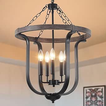 Bedoxin Black Farmhouse Chandelier, 18.9” Industrial Lantern Pendant Light Metal and Faux Wood Entryway Light Fixture 5*E12 Base, Entryway Chandelier for Foyer Hallway Dining Room, Height Adjustable