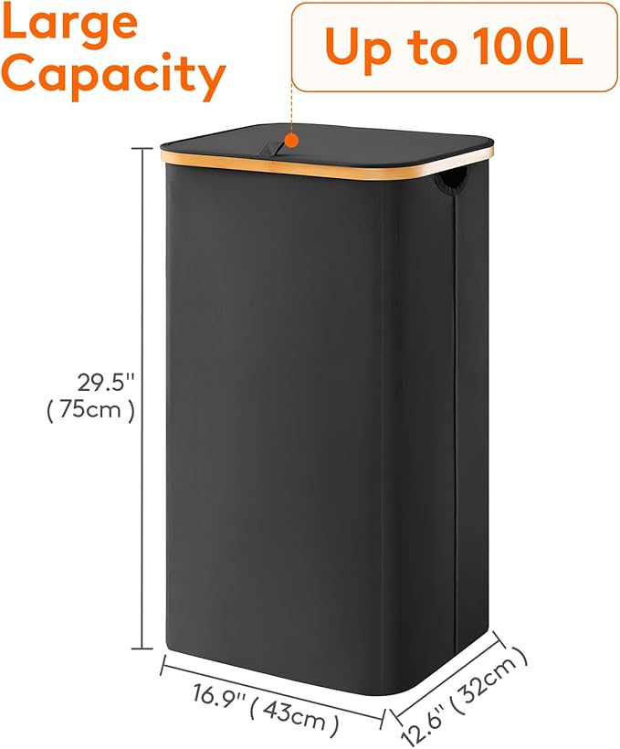 Lifewit Large Laundry Basket with Lid, Collapsible Laundry Hamper with Removable Laundry Bag, Tall Clothes Storage Laundry Bin with Bamboo Handles for Bedroom, Bathroom, Laundry Room, Black, 100L