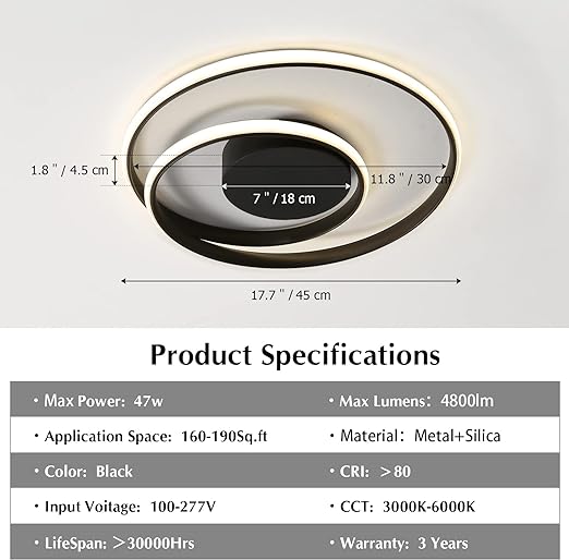DLLT Dimmable LED Flush Mount Ceiling Light Lighting with Remote-48W Close to Ceiling Lights Fixture for Bedroom, Dining Room, Living Room, Color Changeable 3000-6000K, Black