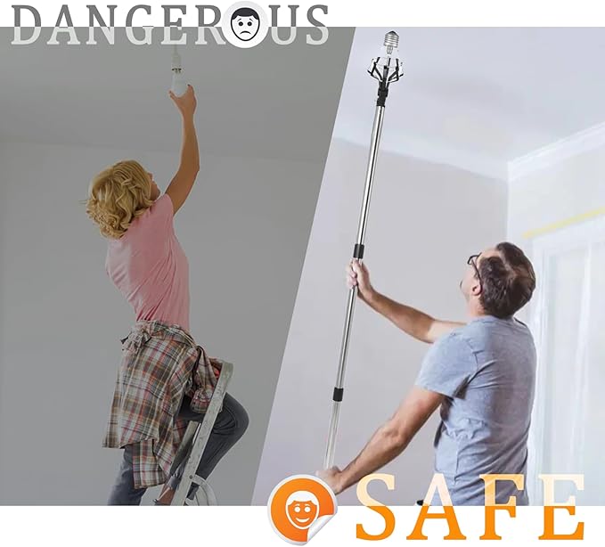 Light Bulb Changer for High Ceilings, 12ft Pole with Suction Cup & 8-Finger Basket, Recessed Light Bulb Remover Tool, Gigh Ceiling Light Bulb Changer, No Ladder Needed