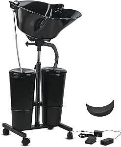 Portable Shampoo Bowl Height Adjustable Hair Washing Station with Electric Pump Dual-Bucket Portable Shampoo Sink with Sprayer for Home Salon Barber Use (Black)