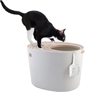 Iris Ohyama, Cat Litter Tray with Grooved Lid/Top Cover, No Odor and Litter Spill, Large Entrance, Scoop Included, for Cat - Cat Litter Box Jump-in PUNT-530 - White