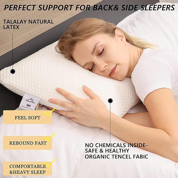 Talalay 100% Natural Premium Latex Pillow, Helps Relieve Pressure, Perfect Package Best Gift with Removable Tencel Cover (Queen (1 Pack)
