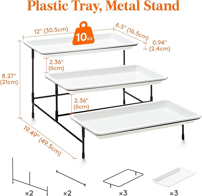 Lifewit Plastic 3 Tiered Serving Tray for Party Supplies, 12" x 6.5" Platters for Serving Food, White Reusable Trays with Black Mental Display Stand for Veggie, Fruit, Cookies, Dessert