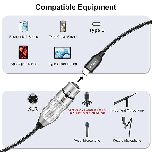 J&D USB C to XLR Microphone Audio Cable, Braided USB C to XLR Female Microphone Cable for Audio Recording, Dynamic Microphone, Compatible for iPhone 15/16 Series, MacBook, 2 Meter/6.6 Feet