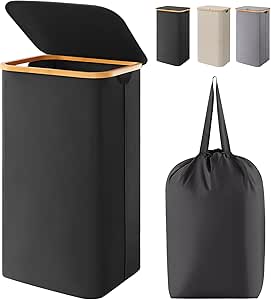 Lifewit Large Laundry Basket with Lid, Collapsible Laundry Hamper with Removable Laundry Bag, Tall Clothes Storage Laundry Bin with Bamboo Handles for Bedroom, Bathroom, Laundry Room, Black, 100L