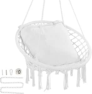VEVOR Hanging Hammock Swing Chair, 330 lbs Capacity, Macramé Hanging Chair with Mounting Hardware, Cotton Rope Swing Chair for Bedroom, Balcony, Patio, Garden, White