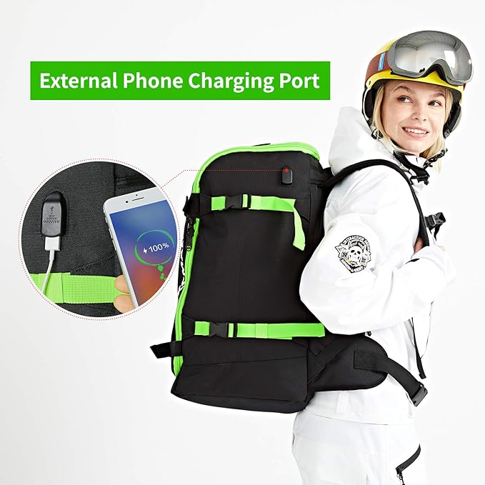 XCMAN Ski Snowboard Backpack 50L Flying Air Travel Bag Stores Helmet, Alpine ski & Snowboard Boots,Goggles, Gloves, Clothes,External Hanging Storage Alpine Ski and Snowboard,USB Charging Port, Green