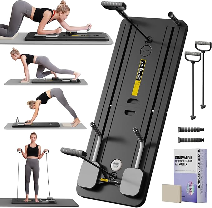 Foldable Pilates Reformer Ab Machine with Automatic Rebound Function for Home Gym - Core & Abdominal Strength Training Equipment with Knee Pad - Ab Core Trainer, Push-Up Board