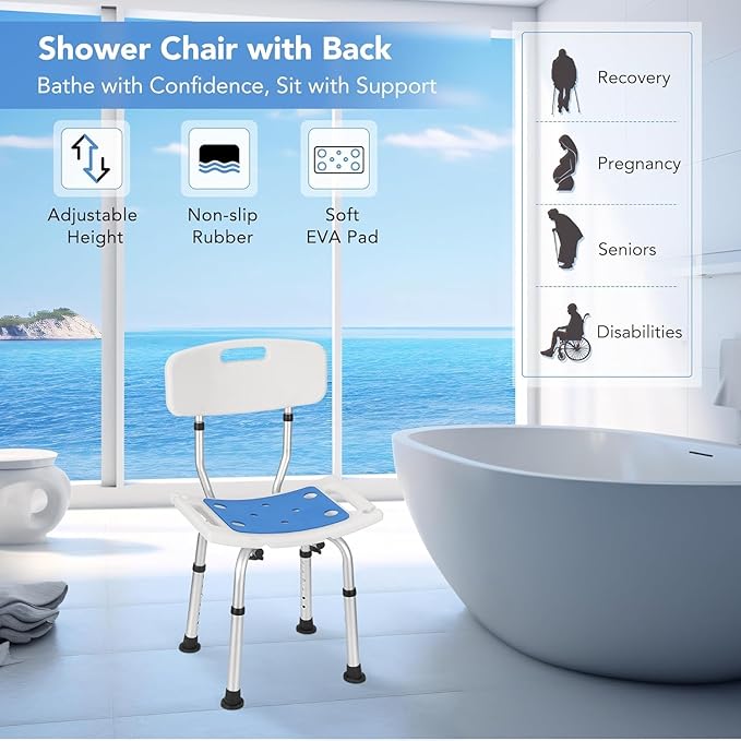 Careboda 6 Adjustable Height Shower Chair with Tool-Free Assembly, Aluminum Bathtub Chair with seat Cushion for Inside Shower, Anti Slip for Safety for Elderly, Disabled, Pregnant