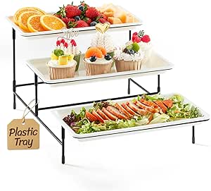 Lifewit Plastic 3 Tiered Serving Tray for Party Supplies, 12" x 6.5" Platters for Serving Food, White Reusable Trays with Black Mental Display Stand for Veggie, Fruit, Cookies, Dessert