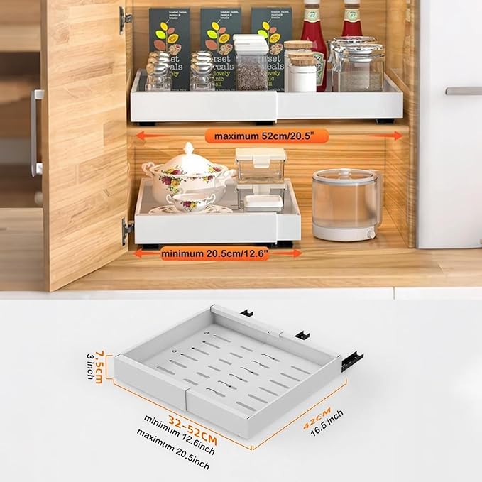 Tisovixo 2 Pack Pull Out Cabinet Organizer, Expandable(12.6"-20.5") Slide Out Drawers for Kitchen Fixed With Adhesive Nano Film,No Screw Heavy Duty Cabinet Drawers for Kitchen,Pantry,White