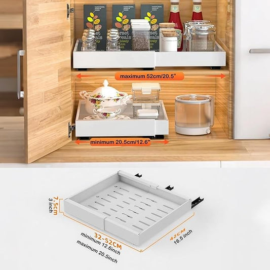 Tisovixo 2 Pack Pull Out Cabinet Organizer, Expandable(12.6"-20.5") Slide Out Drawers for Kitchen Fixed With Adhesive Nano Film,No Screw Heavy Duty Cabinet Drawers for Kitchen,Pantry,White
