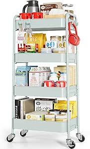 TOOLF 4-Tier Rolling Cart, Metal Utility Cart with Lockable Wheels, Storage Craft Organizer Trolley Easy Assembly for Office, Bathroom, Kitchen, Kids' Room, Classroom, Green