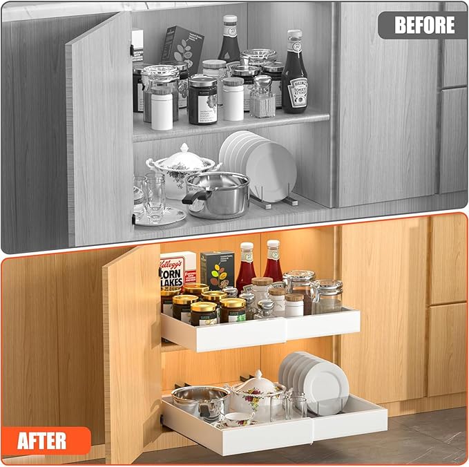 Tisovixo 2 Pack Pull Out Cabinet Organizer, Expandable(12.6"-20.5") Slide Out Drawers for Kitchen Fixed With Adhesive Nano Film,No Screw Heavy Duty Cabinet Drawers for Kitchen,Pantry,White