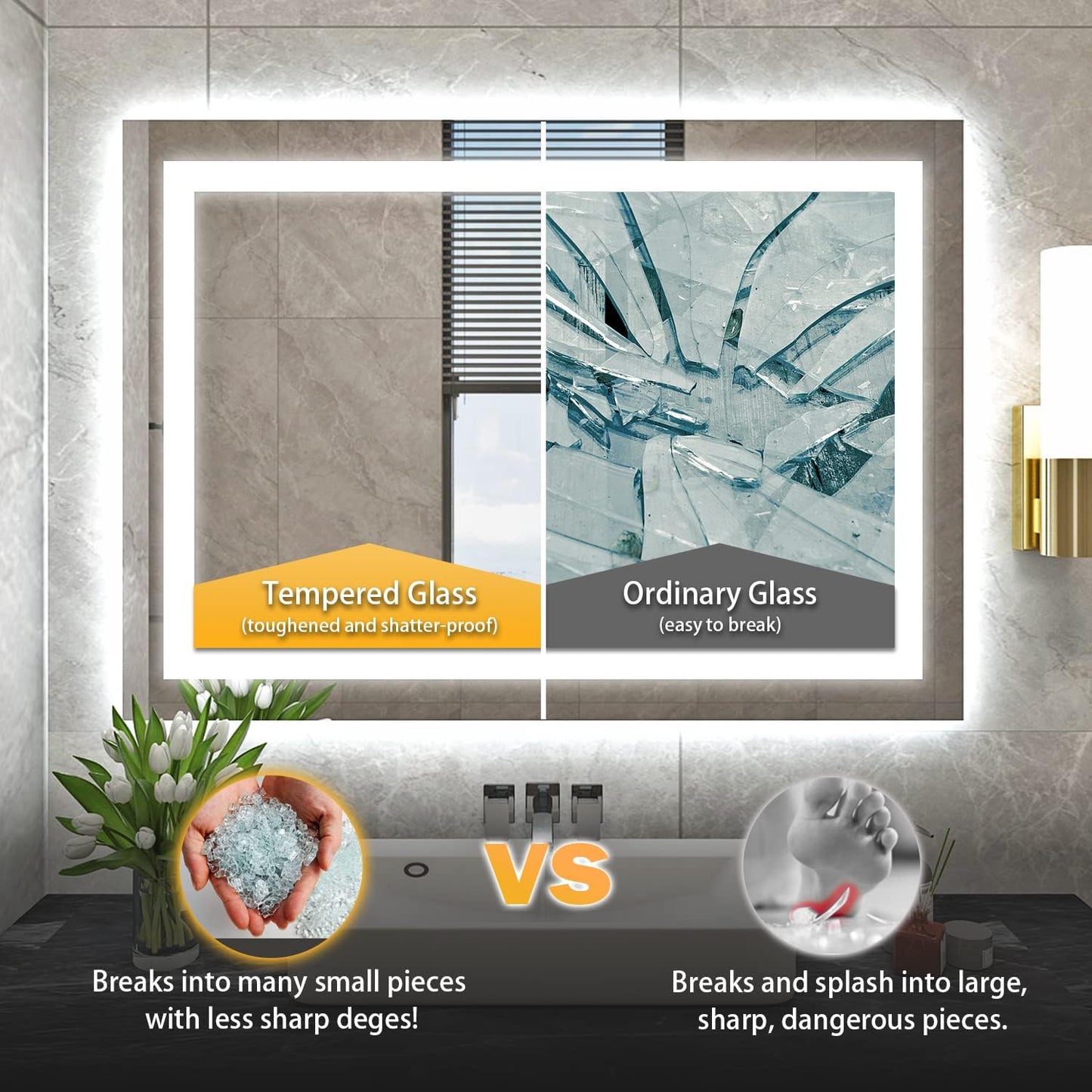 38''x39'' LED Bathroom Mirror with Front + Backlit, Tempered Glass Bathroom Mirror with Lights, Anti-Fog,