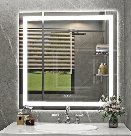 38''x39'' LED Bathroom Mirror with Front + Backlit, Tempered Glass Bathroom Mirror with Lights, Anti-Fog