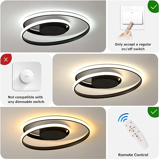 DLLT Dimmable LED Flush Mount Ceiling Light Lighting with Remote-48W Close to Ceiling Lights Fixture for Bedroom, Dining Room, Living Room, Color Changeable 3000-6000K, Black