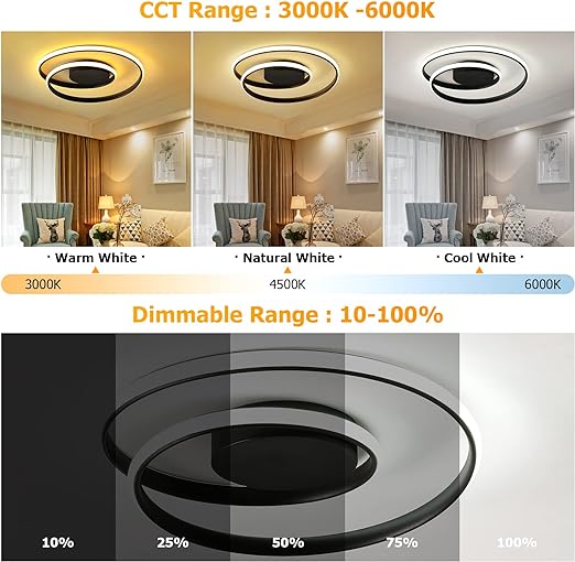 DLLT Dimmable LED Flush Mount Ceiling Light Lighting with Remote-48W Close to Ceiling Lights Fixture for Bedroom, Dining Room, Living Room, Color Changeable 3000-6000K, Black