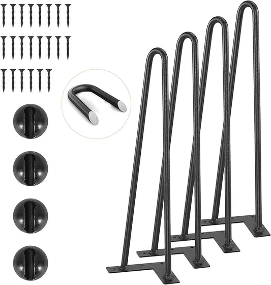 Hairpin Legs 16 inch Set of 4, DIY Furniture Metal Table Legs Perfect for Coffee and Dining Table, Designer Desk, Nightstand, 3/8" Diameter Satin Black Two-Rod Mid Century Modern Style
