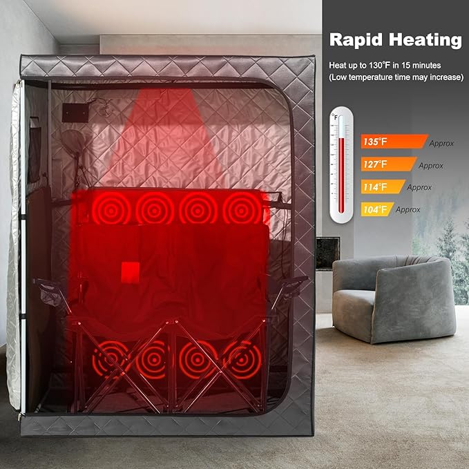 Smartmak Full Size Portable Sauna, Large Two Person Home Dry Saunas SPA with Time & Temperature Remote Control, 2 Seat Folding Chair, Light, Oversized Personal Sauna Box Privacy Tent Indoor Use, Grey