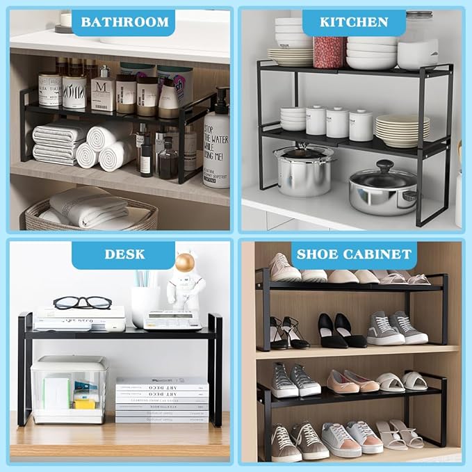 Expandable Cabinet Countertop Shelves, Kitchen Spice Rack Pantry Shelf, Adjustable Cupboard Organizer Storage Rack for Kitchen Bathroom Office (Black)