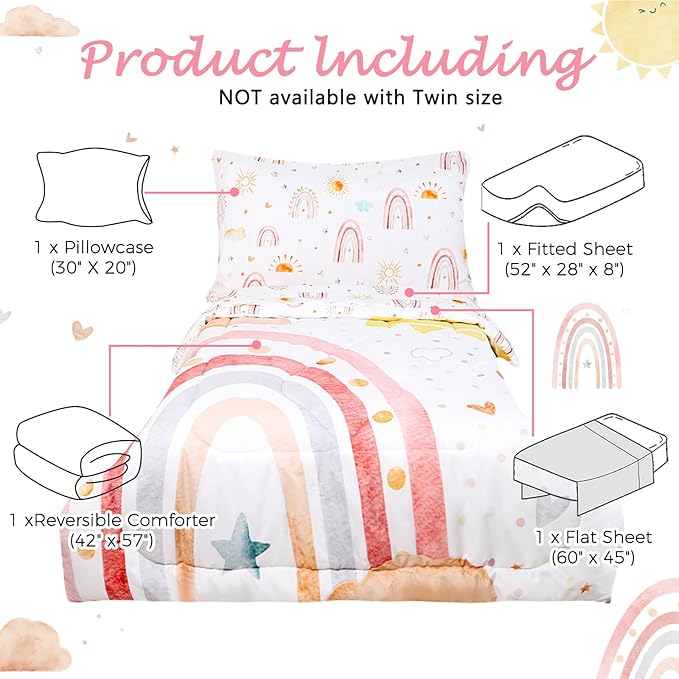 CARUILI 4 Piece Toddler Bedding Set for Girls, Boho Rainbow Toddler Bed Comforter Set, Ultra Soft & Breathable Kids Bedding Includes Quilted Comforter, Flat Sheet, Fitted Sheet, Pillowcases, Pink