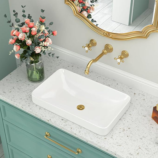 Beslend Modern Rectangular White Ceramic Vessel Sink 19"x12"x5" Semi Recessed Countertop Sink