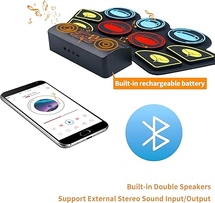 (9 Pads) Electronic Drum Set with Light Up Drumsticks and Stand, Electronic Drum Pad with 5 Different Drum Kit, 10 Unique Rhythms, Bulit-in Double Speakers, Roll Up Drum Kit, Kids Drum Set