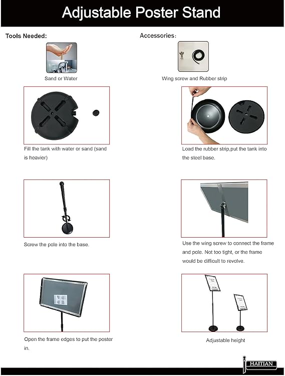 T-SIGN Adjustable Pedestal Poster Stand Aluminum Snap Open Frame for 8.5 x 11 Inch, Vertical and Horizontal View Sign Displayed, Silver, Round Base