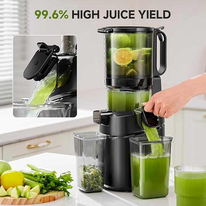 AMZCHEF Cold Press Juicer, 5.8" Self-Feeding Juicer Machines for Whole vegetable & fruit, Masticating Juicers Easy to Clean, High Juice Yield, Large Auger, Triple Strainers - Black