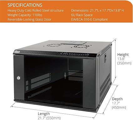 Tecmojo 6U Wall Mount Server Cabinet IT Network Rack Enclosure Lockable Door and Side Panels Black, Cooling Fan, Standard Glass Door, 450mm Depth, for 19” IT Equipment, A/V Devices