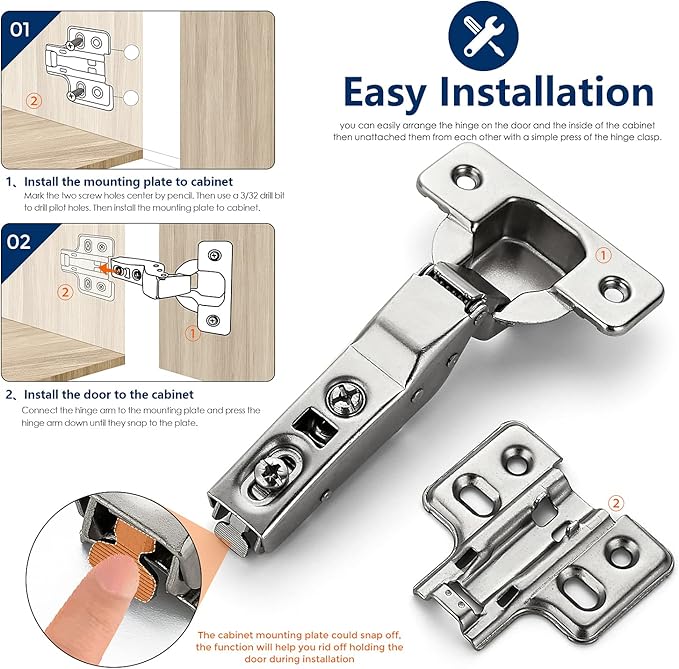 Ravinte 50 Pack 25 Pairs European Kitchen Cabinet Hinges Soft Close Half Overlay Door Heavy-Duty Frameless Adjustable Concealed Cabinet Cup Hinges