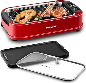 Techwood Indoor Smokeless BBQ Grill with Turbo Smoke Extractor Technology, LED Smart Control Panel, Drip Tray& Removable Grill Plate Easy Cleanup, 1500W