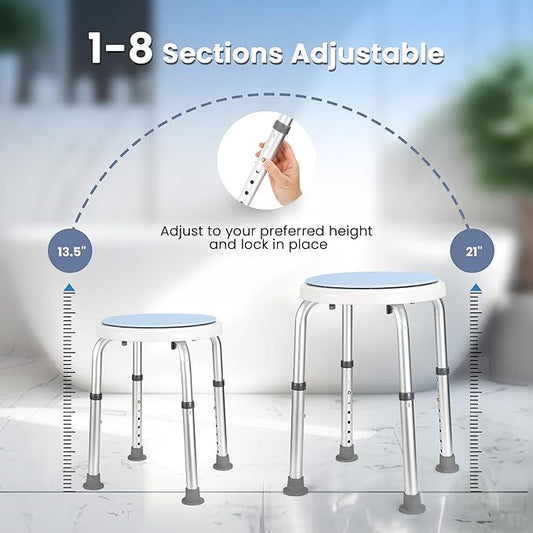 Careboda Swivel Shower Chair for Inside Shower, Adjustable Swivel Shower Stool with Upgraded Stainless Steel, Tool-Free Assembly, 8 Adjustable Heights for Seniors, Elderly, Pregnant and Disabled