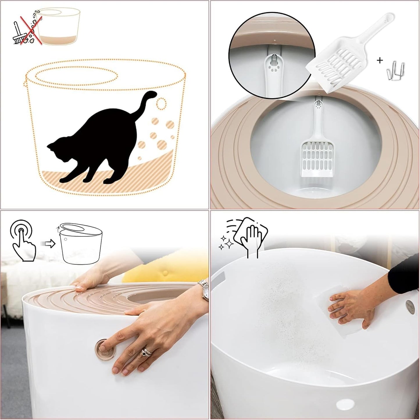Iris Ohyama, Cat Litter Tray with Grooved Lid/Top Cover, No Odor and Litter Spill, Large Entrance, Scoop Included, for Cat - Cat Litter Box Jump-in PUNT-530 - White