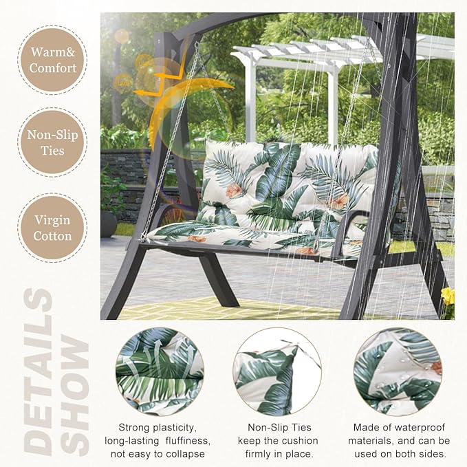 Outdoor/Indoor Swing Replacement Cushion,2 or 3 Seats Bench Cushions with Backrest, Thicken 4" Recliner Seat Pad for Garden/Patio, Waterproof Premium Tufted Cushion with Ties(Tropical White-60x40x4in)