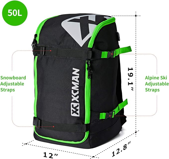 XCMAN Ski Snowboard Backpack 50L Flying Air Travel Bag Stores Helmet, Alpine ski & Snowboard Boots,Goggles, Gloves, Clothes,External Hanging Storage Alpine Ski and Snowboard,USB Charging Port, Green