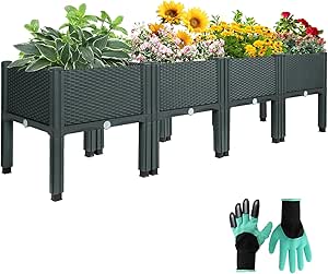 Plastic Raised Garden Bed Kit, Self Watering Planters Box with Gloves for Vegetables, Flowers, Herbs Grow, Elevated Planting Container with Legs for Indoor and Outdoor Use, Grey