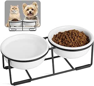 Ceramic Elevated Dog Bowl Set - Double Dog Bowls with Non-Slip Metal Stand - Raised Dog Food and Water Bowl Set - Dog Feeding Bowls - Pet Dishes for Puppies and Cats - 1 Cup - 13.5 fl oz - Matte White